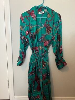 Vintage 100% Silk Victoria's Secret Teal Floral Print Satin Robe